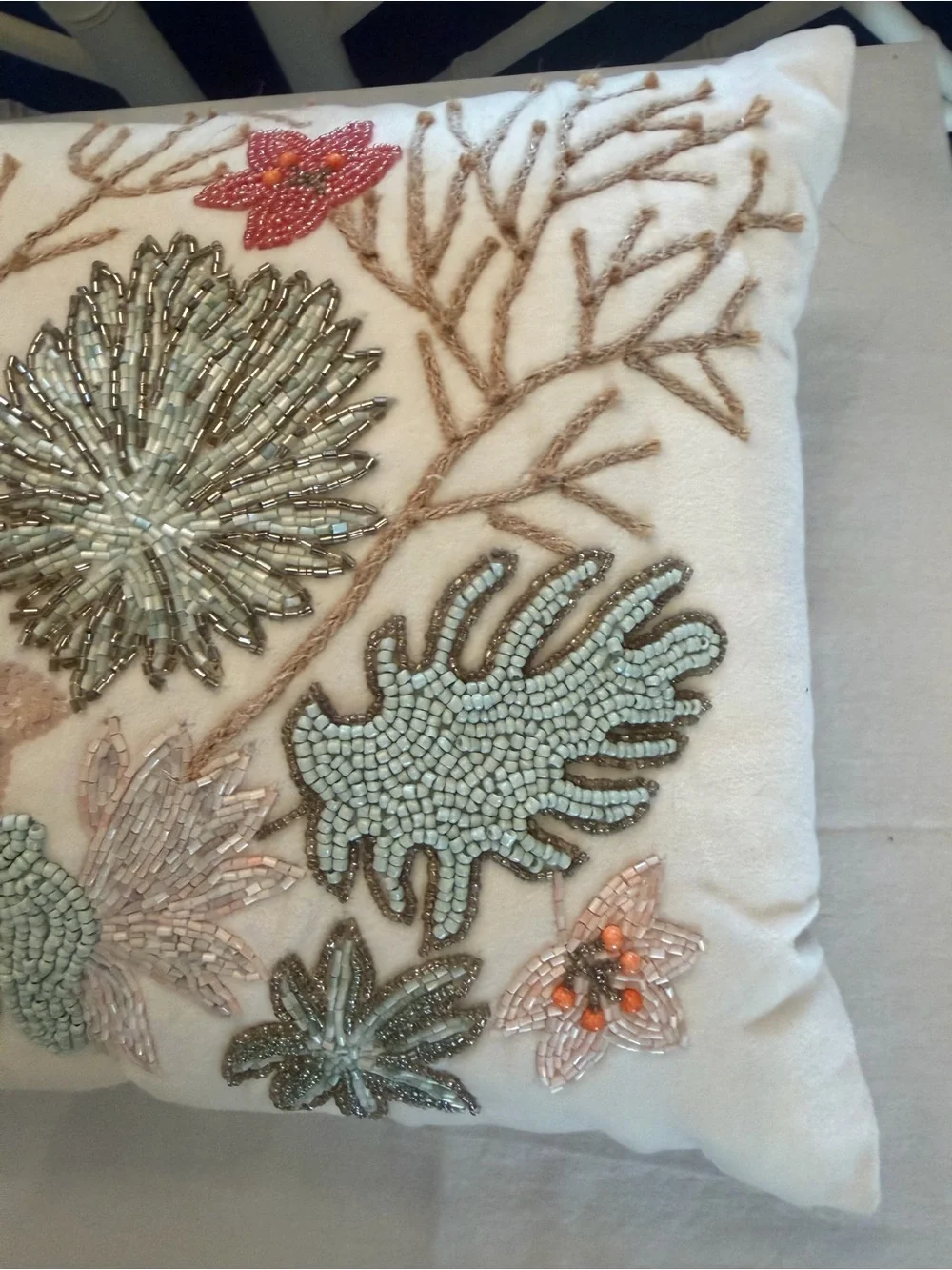 Pier 1 Beaded Coastal Motif Accent Pillow - White, Coral, Aqua, Gold